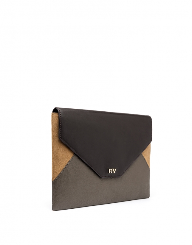Gray leather Patchwork Envelope Clutch
