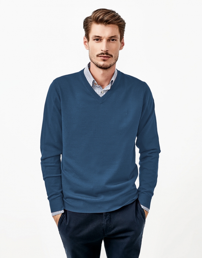Blue V-neck sweater