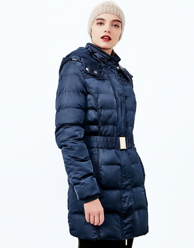 Blue hooded and quilted parka 