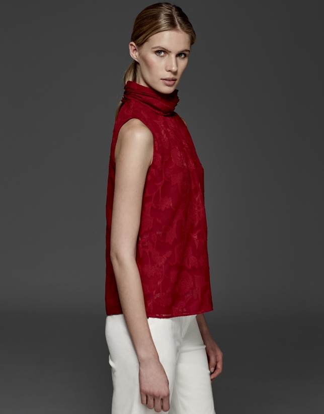 Maroon top with high draped collar