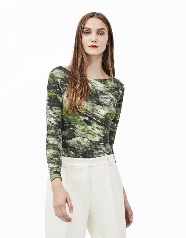 Green print top with boat neck