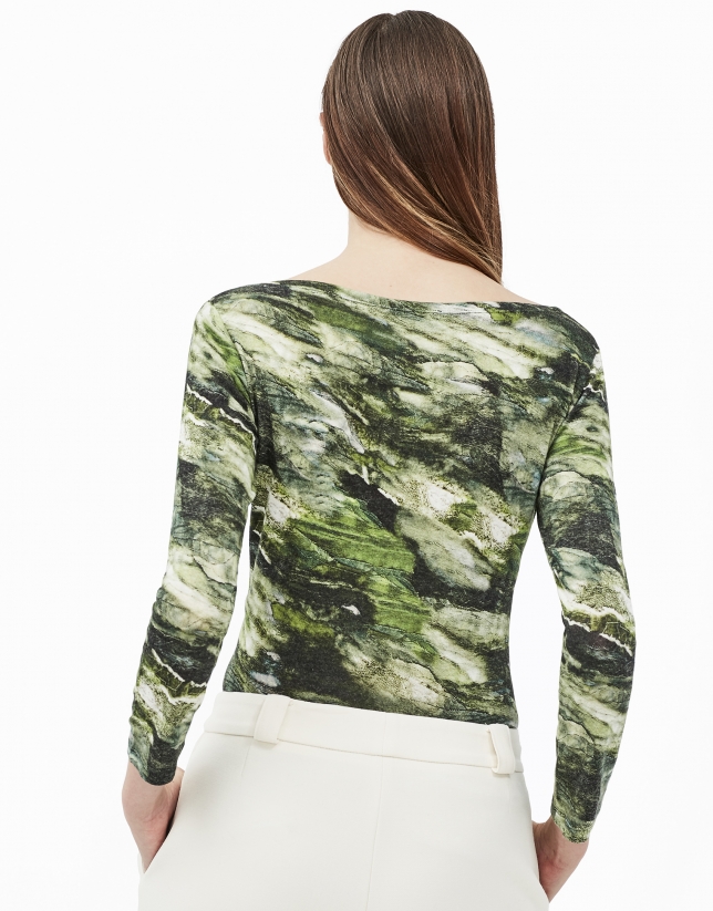 Green print top with boat neck