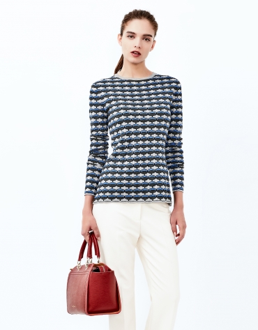Blue geometric print knit top