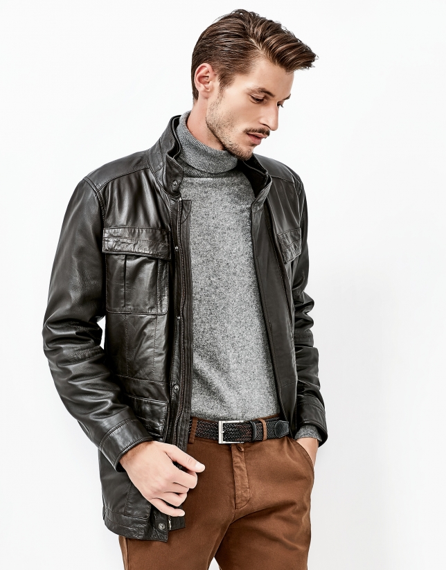 Brown leather parka