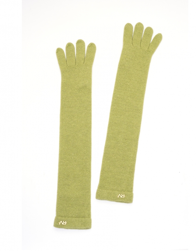 Long green knit gloves