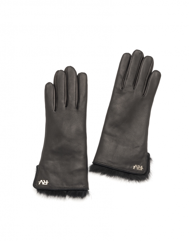 Black leather / fur gloves