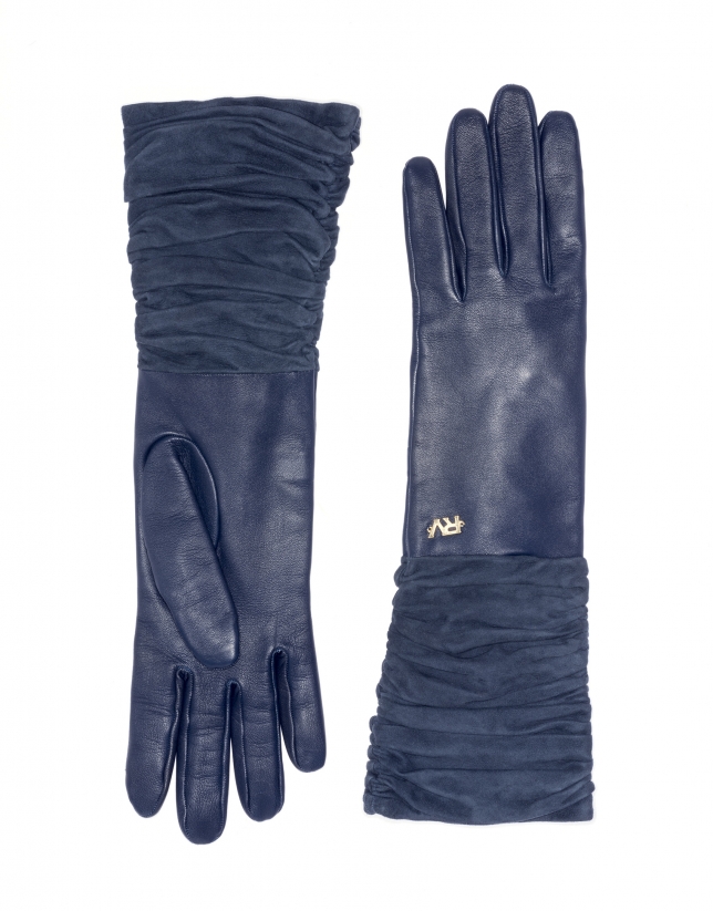 Midnight blue long leather / suede gloves