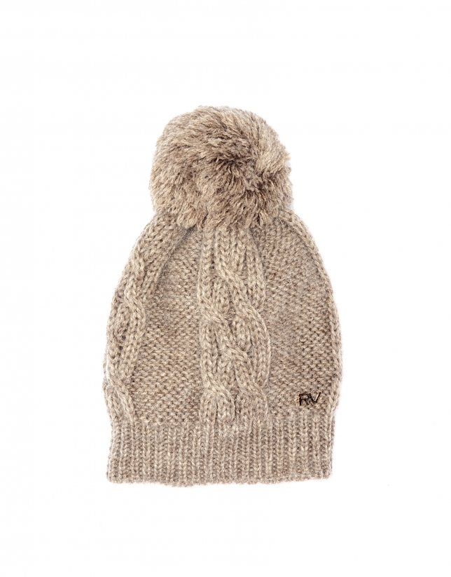 Beige knit cap with pompom