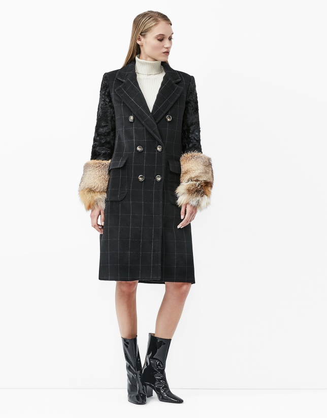 Black checked coat with fur sleeves