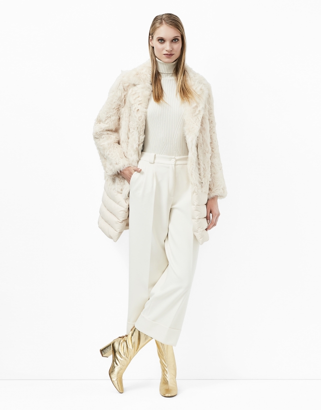 Beige fur and down quilted coat 