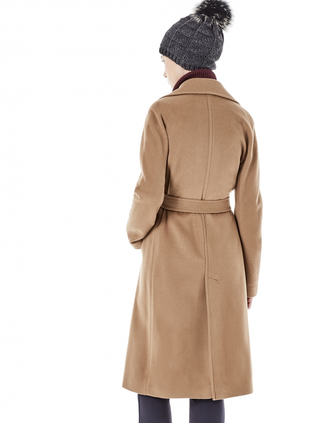 Long brown coat with belt. 