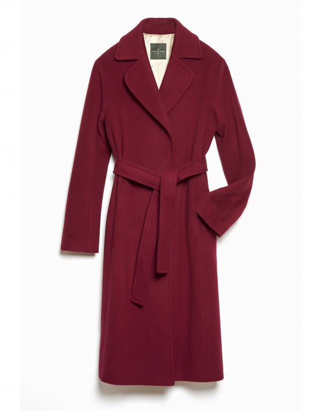 Long burgundy coat with belt. 