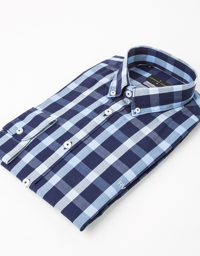 Blue and navy checked dress shirt