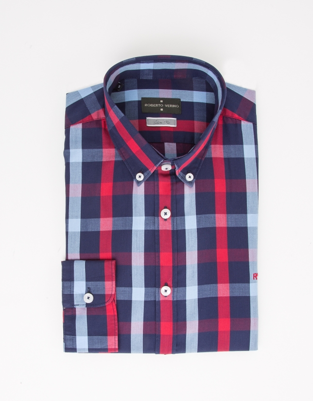 Navy and red checked dress shirt