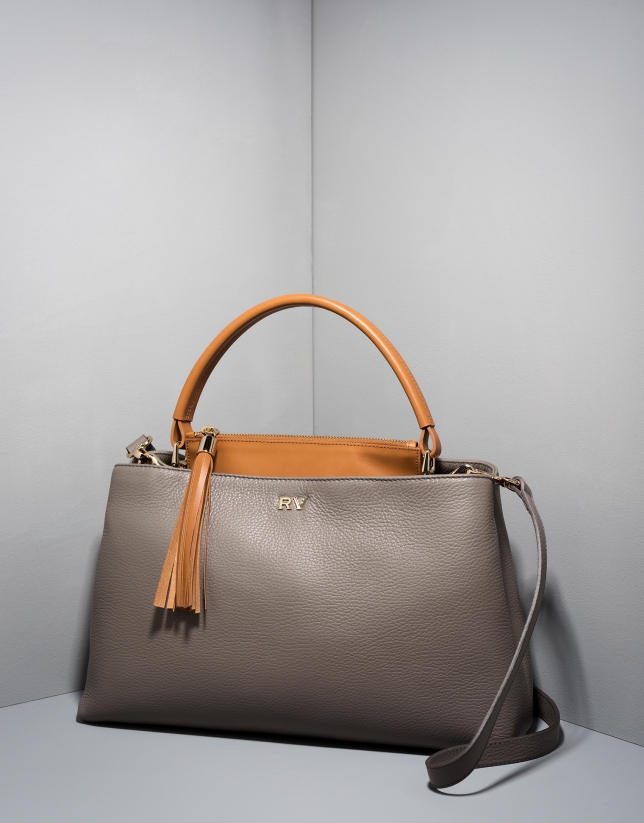 Gray/camel leather Keops tote bag