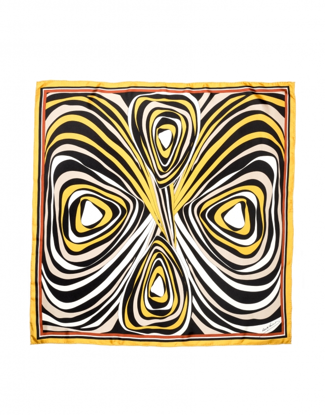 Pañuelo seda dibujo geométrico oro cobre