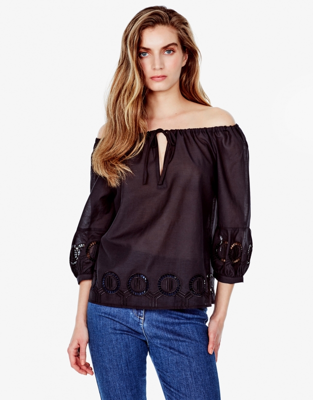 Black embroidered loose blouse