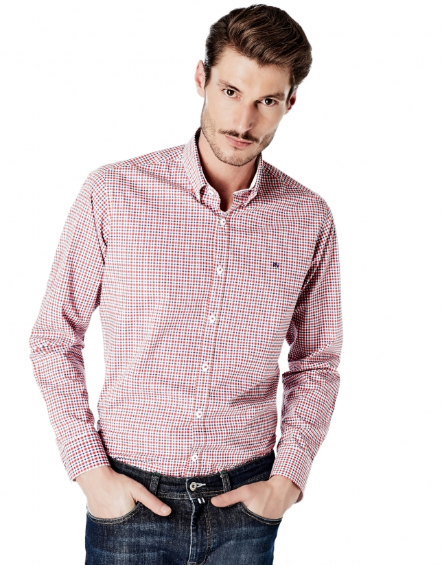 Red and navy blue checked sport shirt