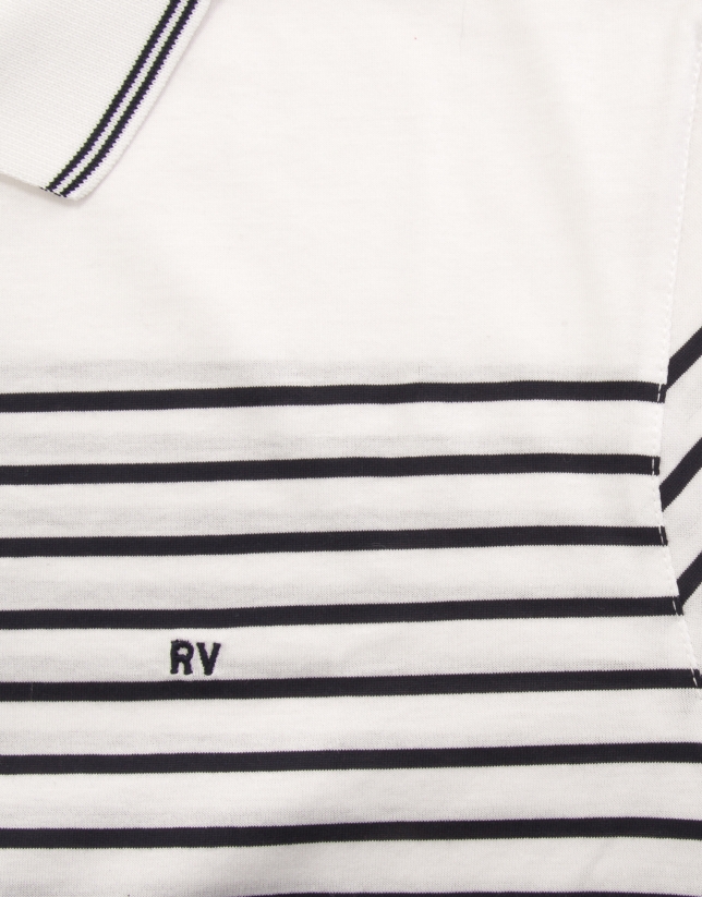 Navy blue and white striped polo shirt