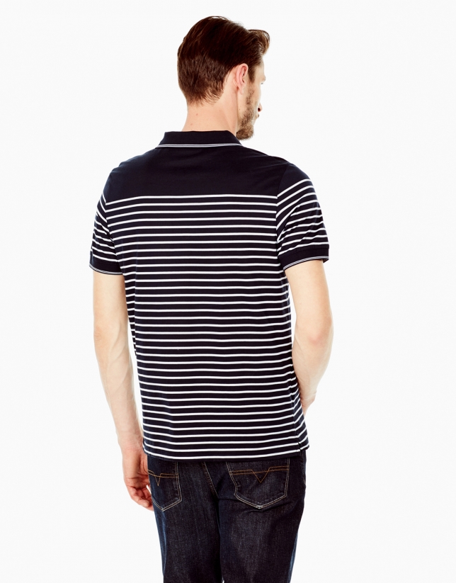 White and navy blue striped polo shirt