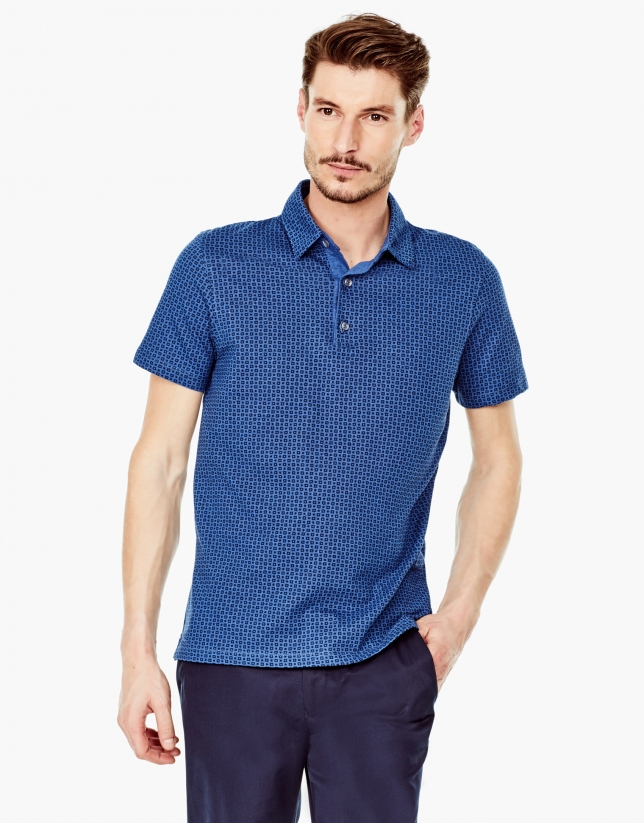Blue microprint denim polo shirt
