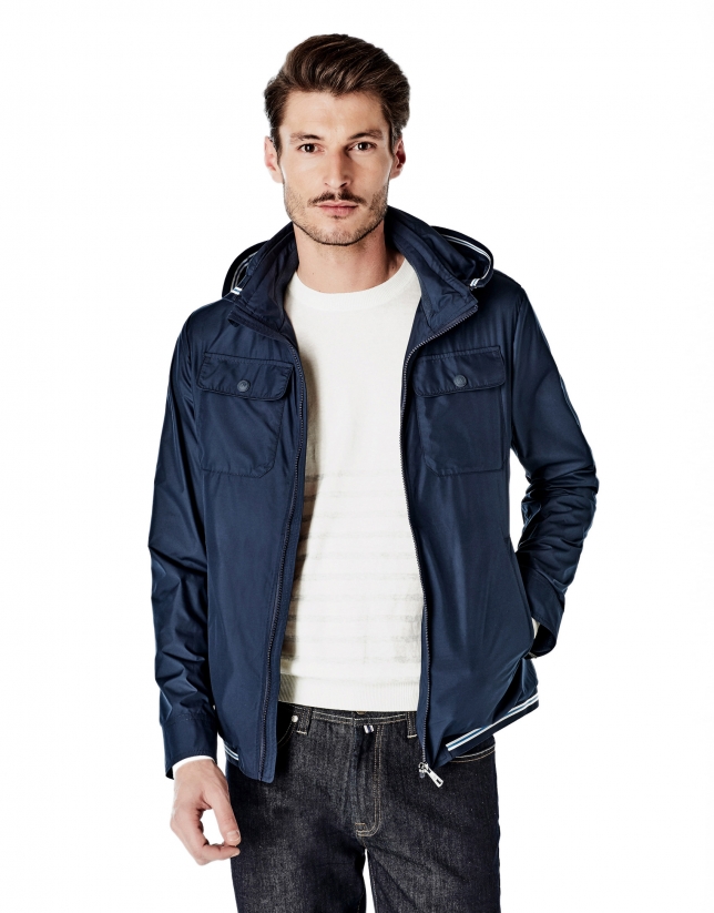 Navy blue parka with removable hood