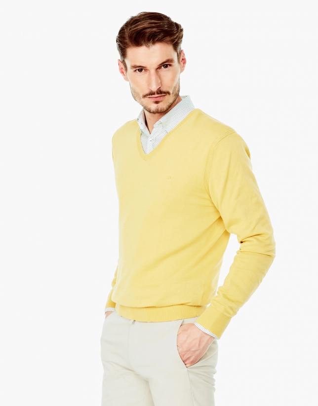 Yellow cotton V-neck sweater