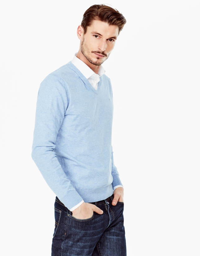 Light blue cotton V-neck sweater