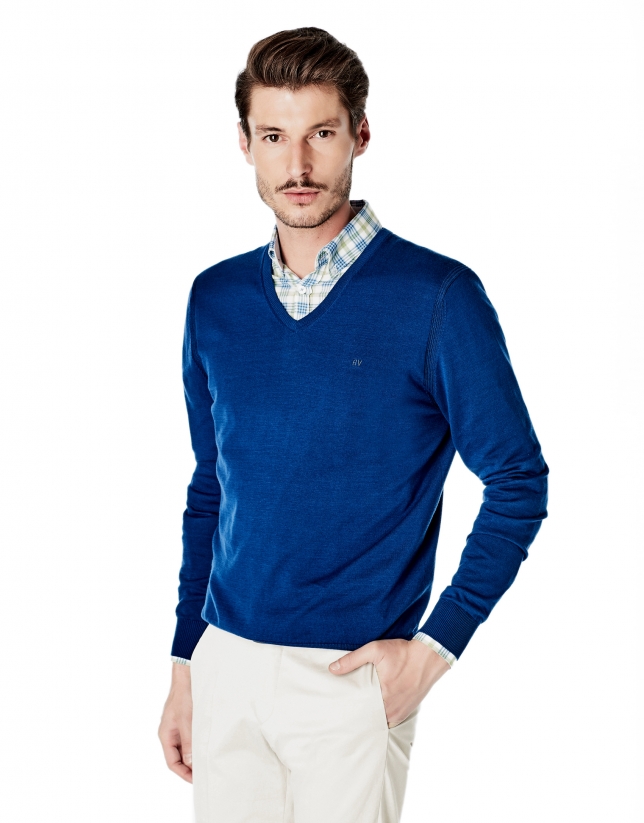 Deep blue cotton V-neck sweater