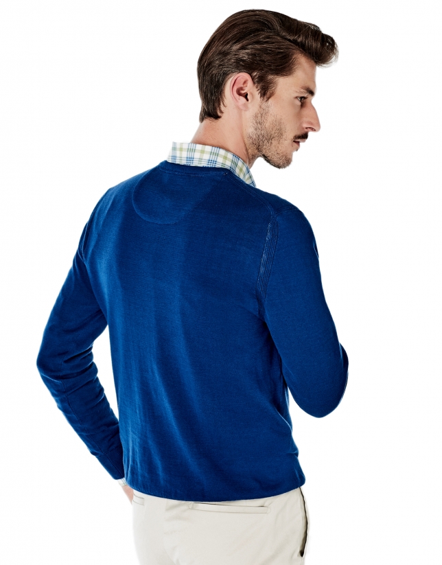 Deep blue cotton V-neck sweater