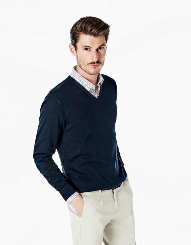 Navy blue cotton V-neck sweater