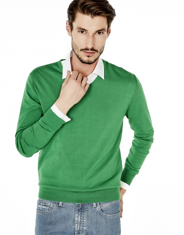 Green cotton V-neck sweater