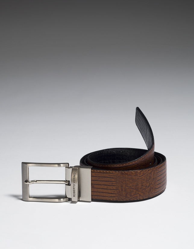 Brown and black embossed reversible belt