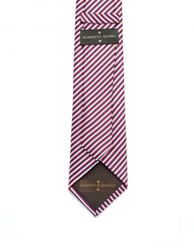 Blue, red and white striped tie