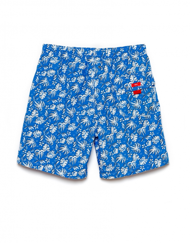 Blue and white floral print swim trunks