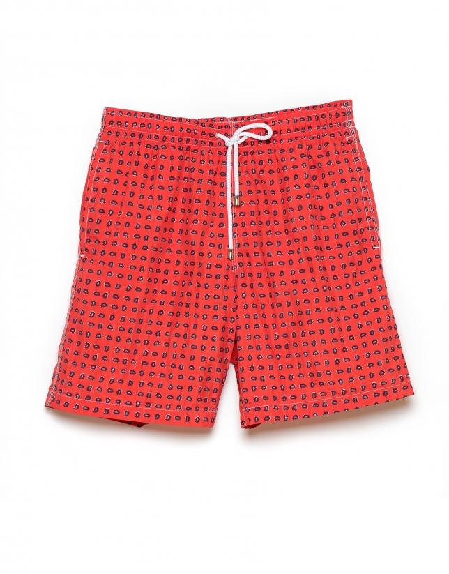 Red paisley print swim trunks