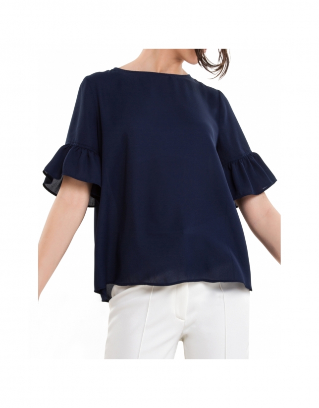 Blue top with flounce sleeves