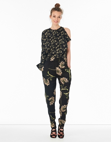 Black floral print asymmetric blouse
