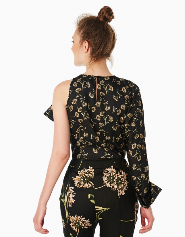 Black floral print asymmetric blouse
