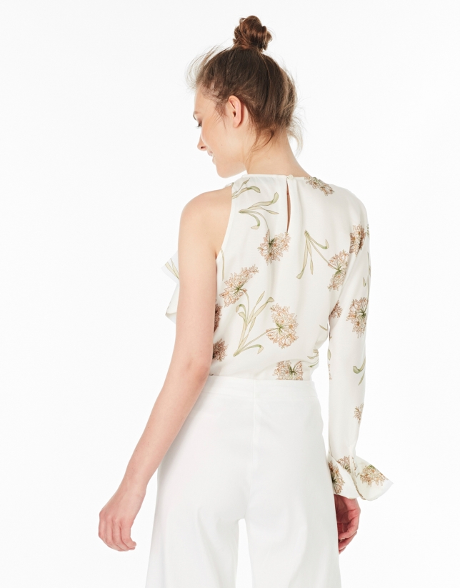 Beige floral print asymmetric blouse