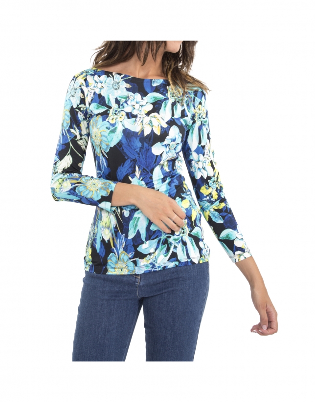 Blue floral print, long-sleeved top