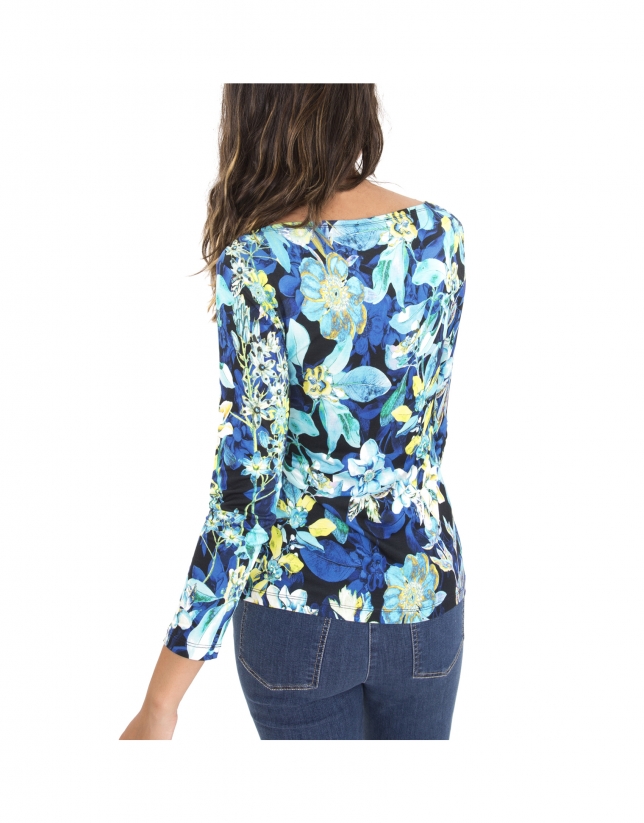 Blue floral print, long-sleeved top