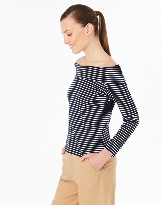 Navy blue and white striped top with boat neck