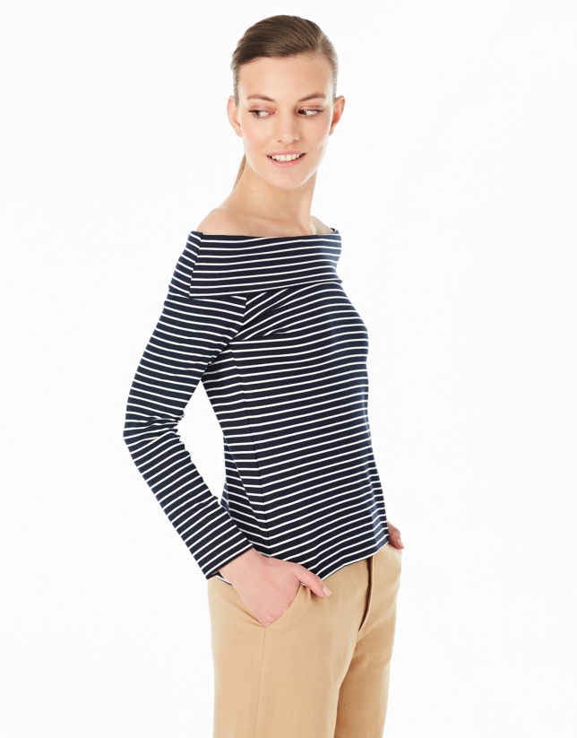 Navy blue and white striped top with boat neck