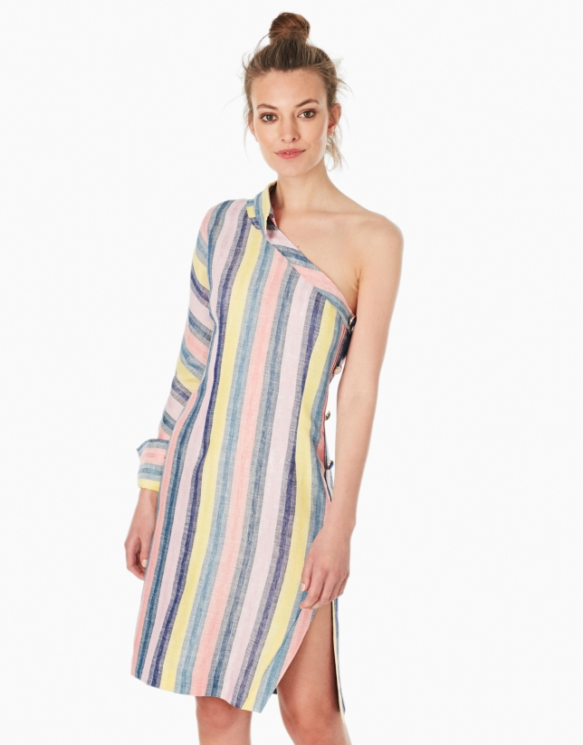 Multicolor striped asymmetric shirtwaist dress