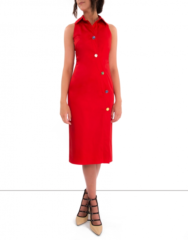 Red sleeveless shirtwaist dress
