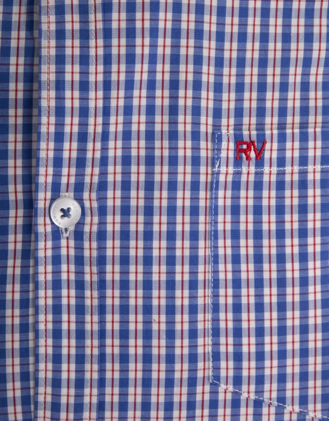 Blue and white checked shirt with red line