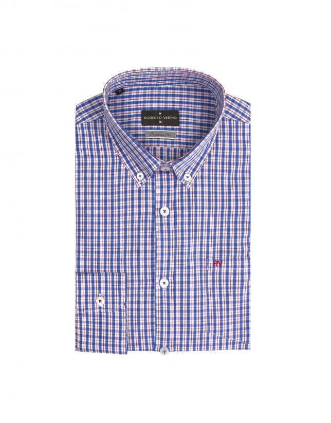 Blue and white checked shirt with red line