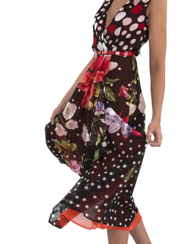 Dress with polka dots and flowers and coral lining