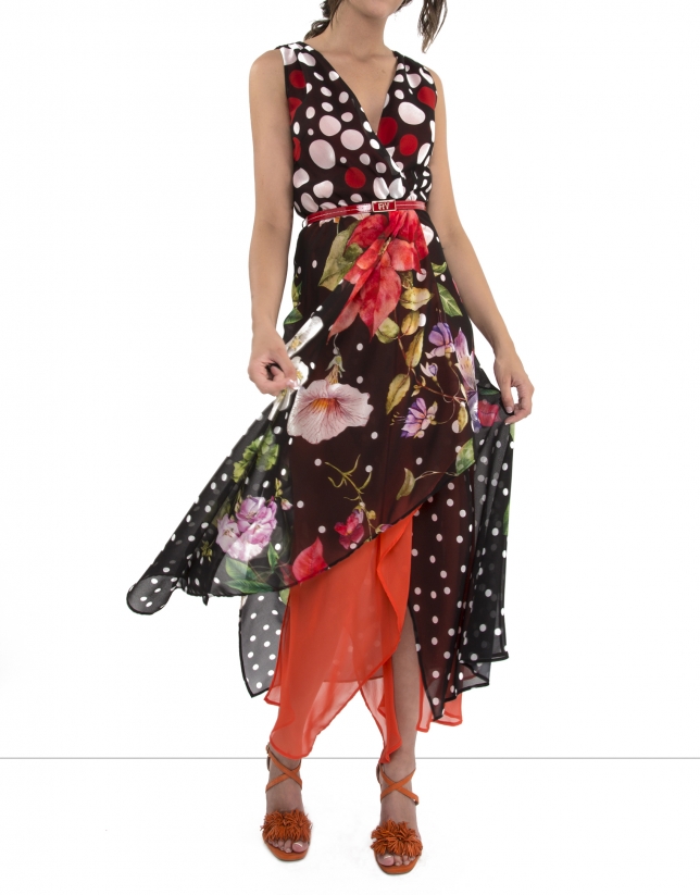 Dress with polka dots and flowers and coral lining